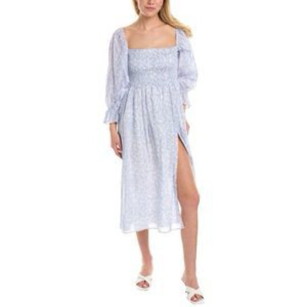 o.p.t. Floral Smocked Midi Dress‎ Womens Size S Blue White Puff Sleeve Toile